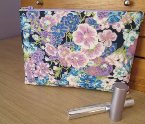 Blue and Purple Floral Make Up Bag, Storage Bag, Pencil Case, Zip Top Bag