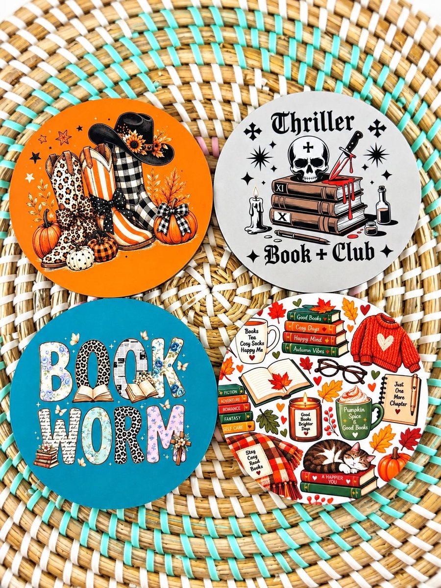 Book Lover Coasters Set of 4 – Bookworm, Thriller Book Club & Autumn Reading