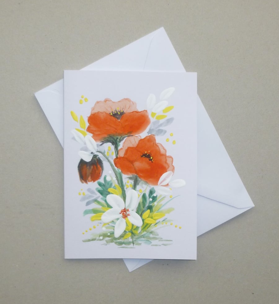 original art hand painted poppies greetings card ( ref FA108 G2 )