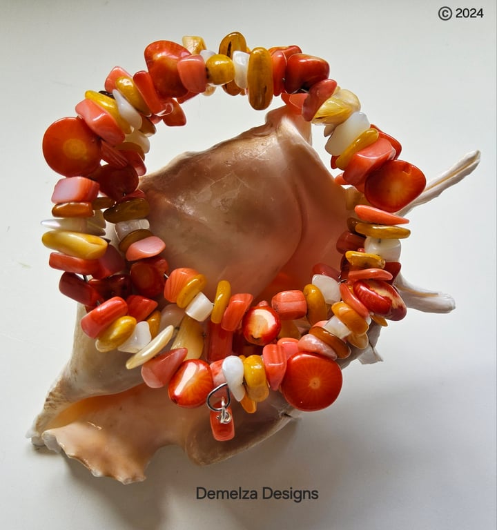 Coral & Mother of Pearl Wrap Bracelet Freesize