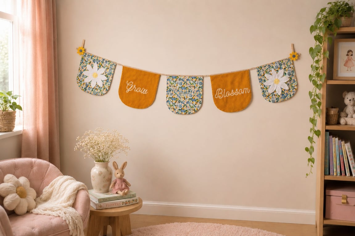 Handmade Floral Nursery Bunting – "Grow" Fabric Garland, Perfect New Baby Gift