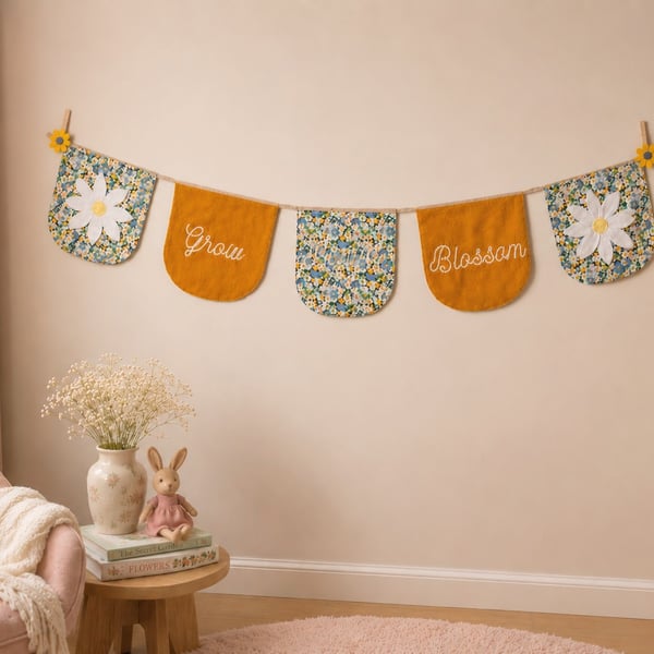 Handmade Floral Nursery Bunting – "Grow" Fabric Garland, Perfect New Baby Gift