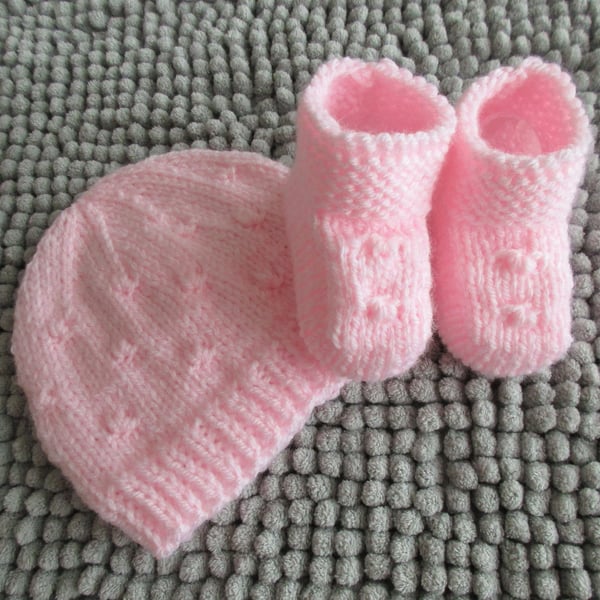 Pink Baby Bootees and Beanie set 0-3months