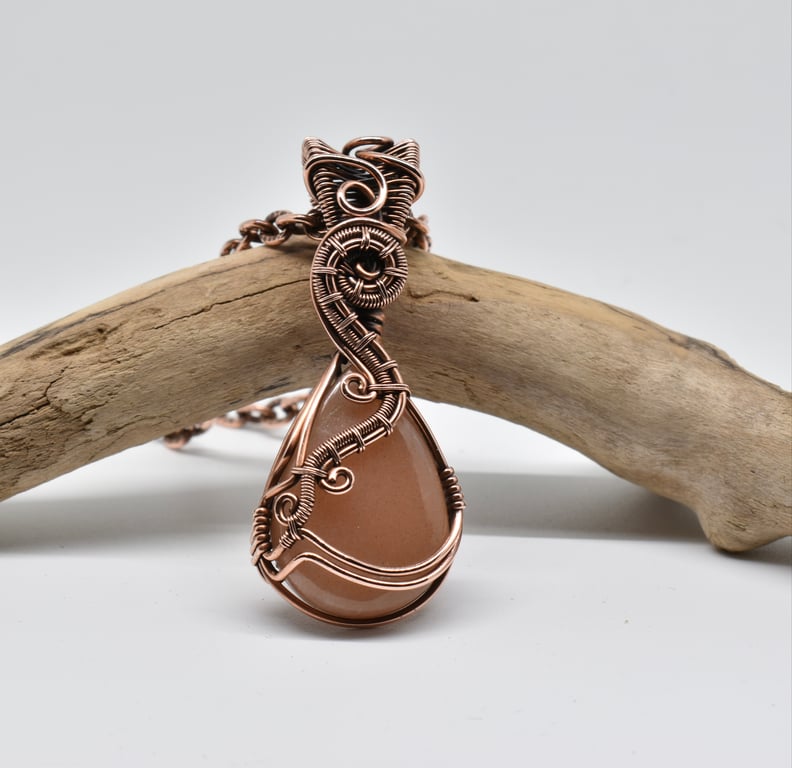 Peach Moonstone and Copper Wire Wrapped and Woven Pendant