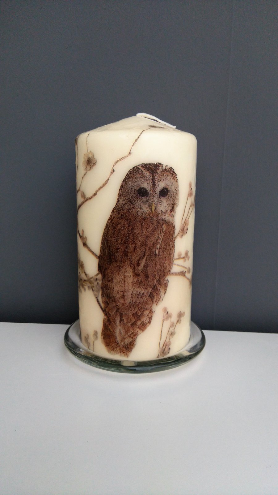 woodland owl decorated candle