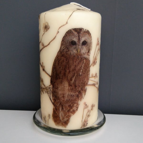 woodland owl decorated candle