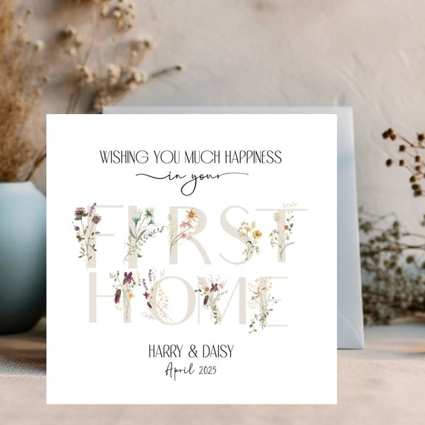  First Home Card Personalised with name and date, floral, modern & elegant