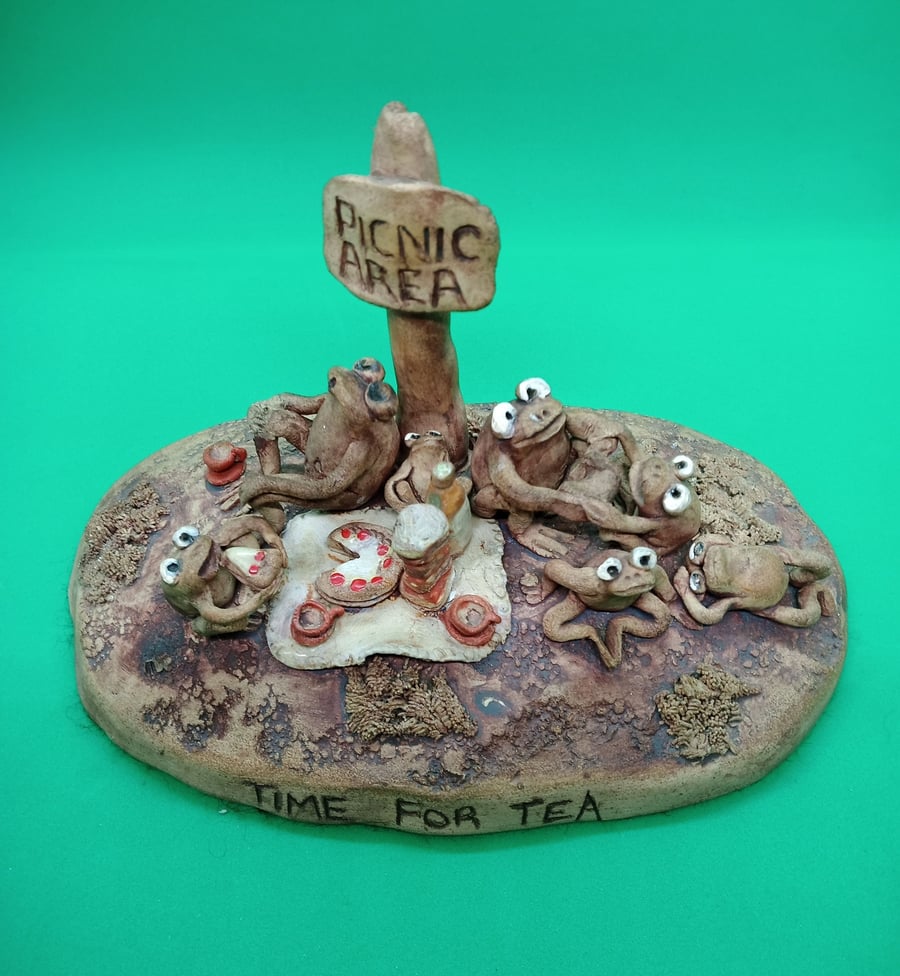  "Time for Tea" Froggy Family Picnic Stoneware Earthenware Pottery Ornament