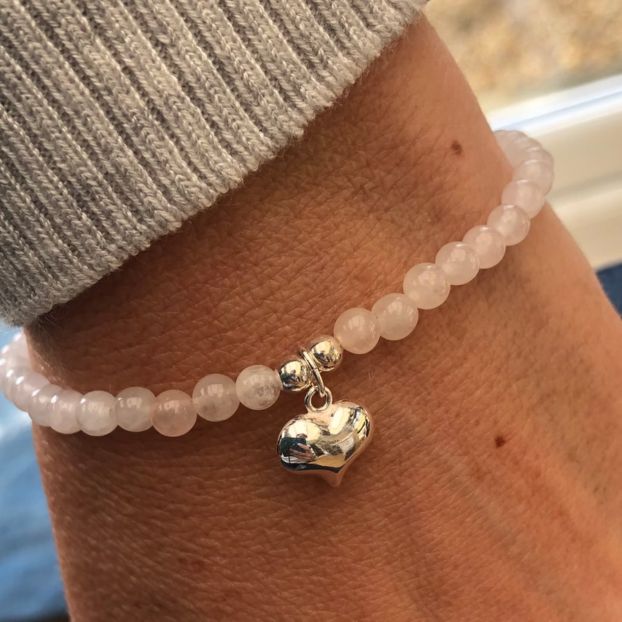 Rose Quartz bracelet with puffed heart charm