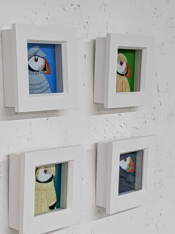 Puffin paintings - original mini framed paintings