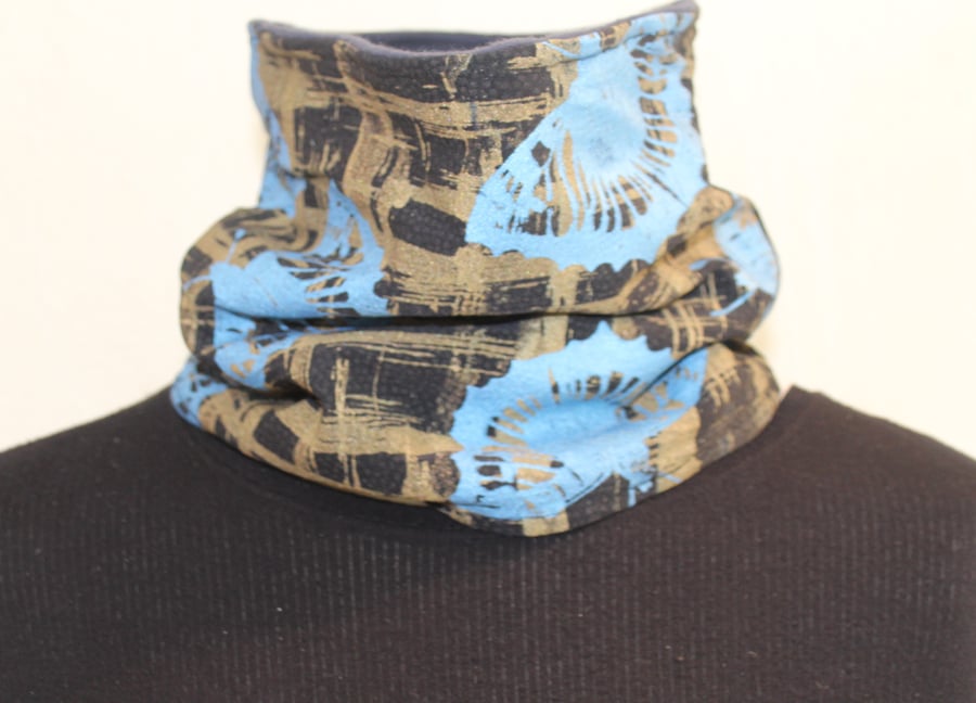  Neck warmer,abstract butterfly hand print,Handmade fleece lined Eco scarf gift