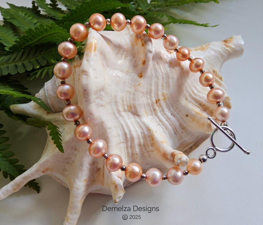 Peach Freshwater Cultured Pearl Sterling Silver Bracelet 