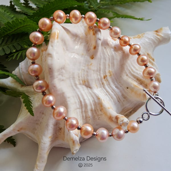Peach Freshwater Cultured Pearl Sterling Silver Bracelet 