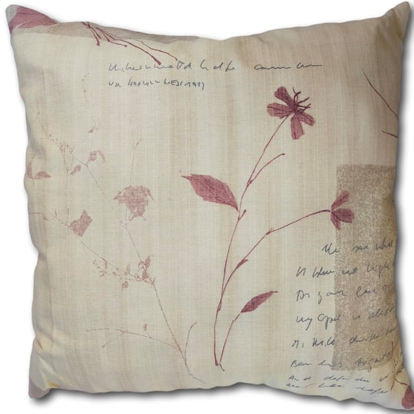 Large Beige "Floral & Text" Pattern Canvas Cushion Cover, Concealed Zip, 55cm