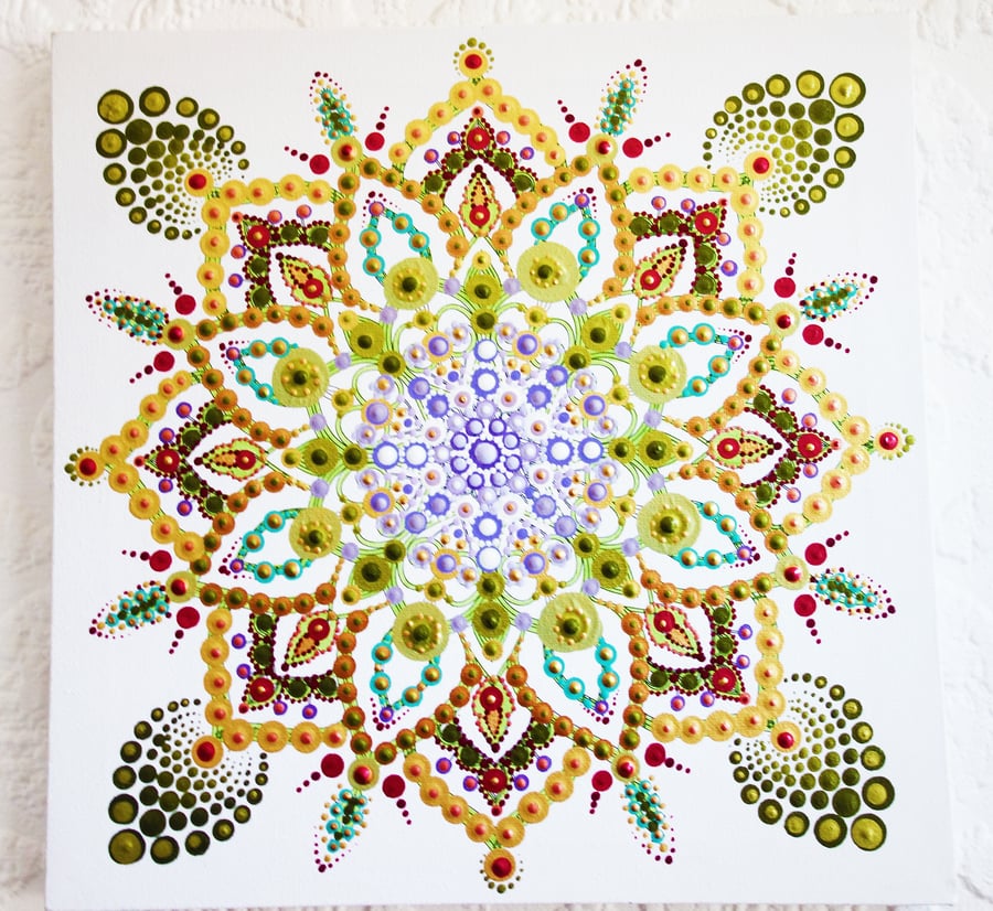 Mandala Art OM Spiritual Reiki Acrylic on white canvas.