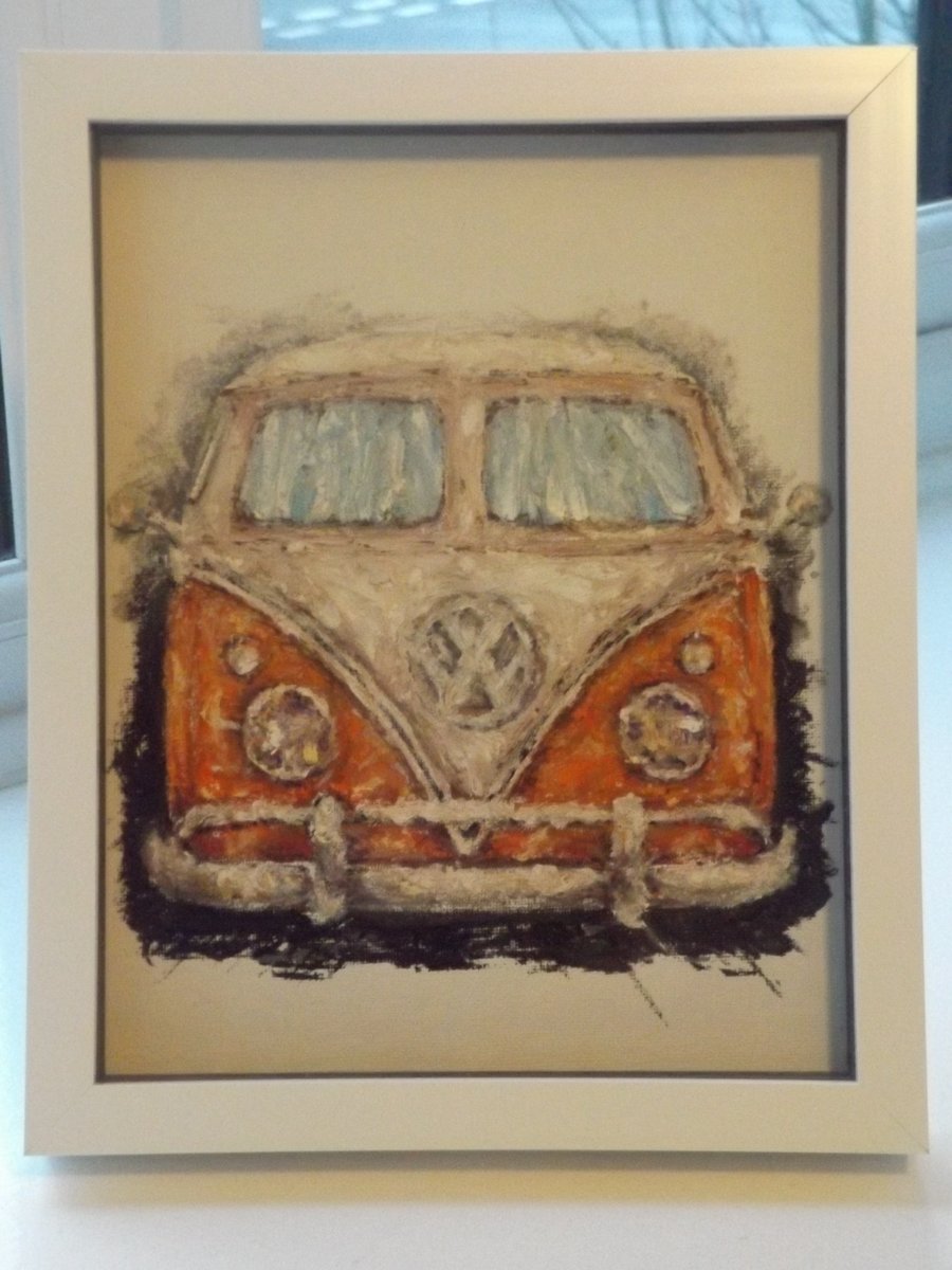 Orange VW campervan oil pastel painting