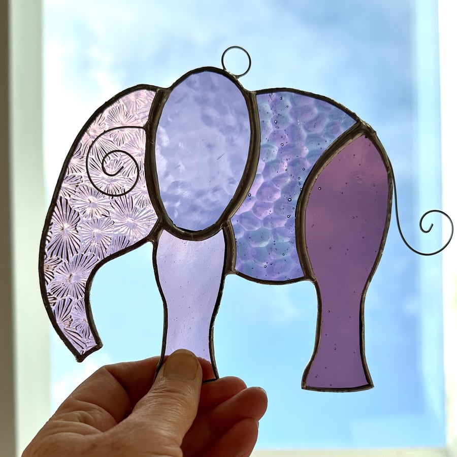 Stained Glass Large Elephant Suncatchers - Handmade Decoration - Pink and Mauve