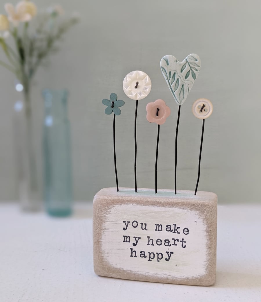 Clay Heart and Button Flowers in a Painted Wood Block 'you make my heart happy'