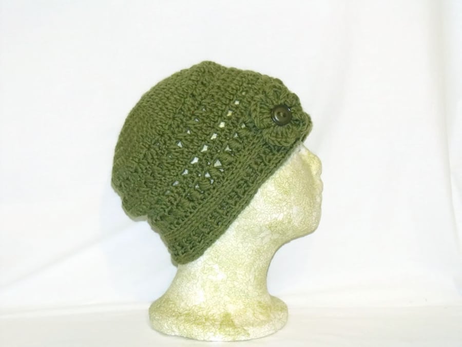 merino olive green cloche hat, pure wool ladies flower beanie