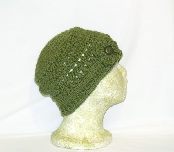 merino olive green cloche hat, pure wool ladies flower beanie