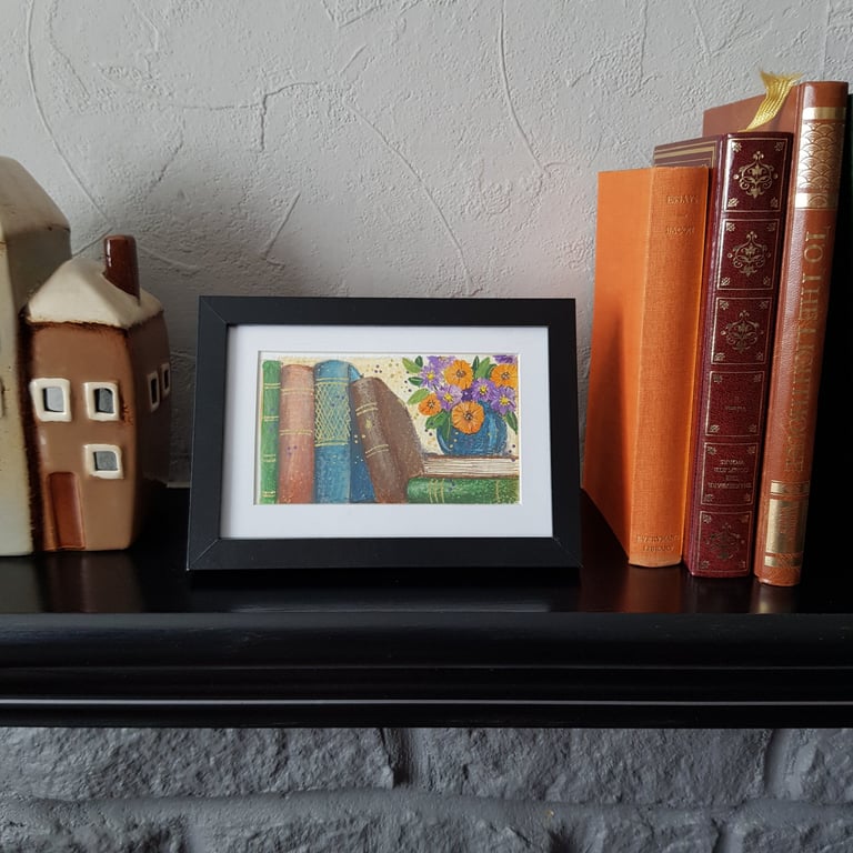 Whimsical Bookshelf with calendulas, asters, original framed artwork 