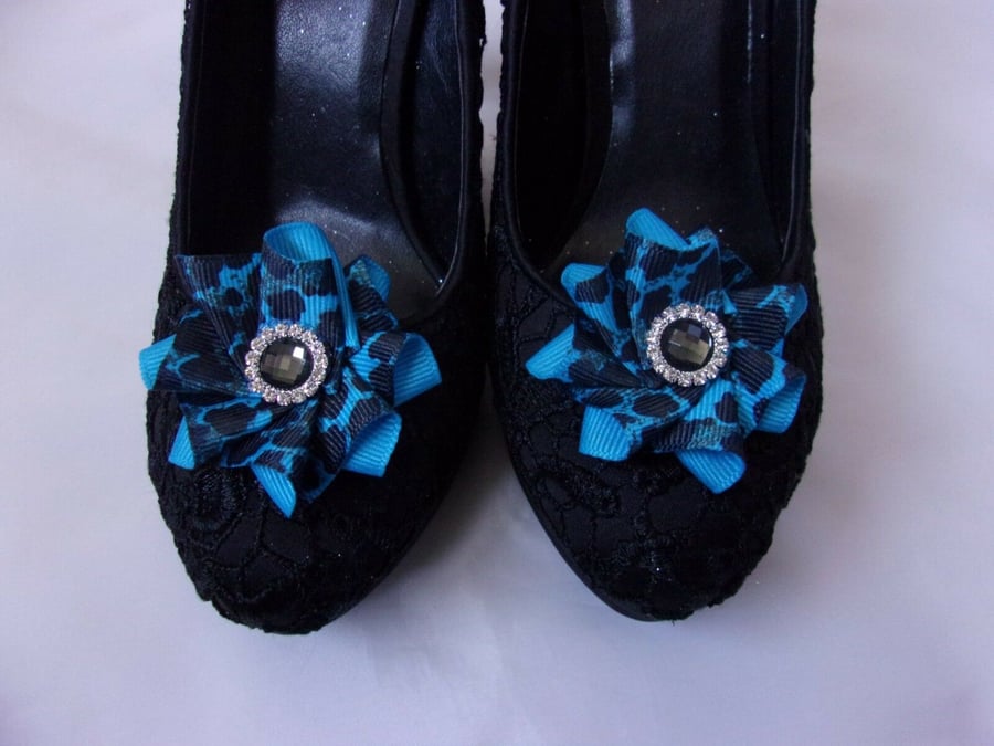 Turquoise Blue & Black Leopard Print & Crystal Ruffle Shoe Clips Wedding Prom