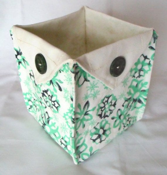  folded fabric storage tub for your bits and bobs, green and white