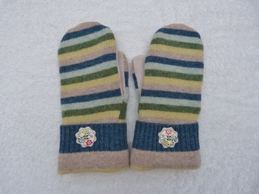 Mittens Created from Up-cycled Wool Jumpers. Fully Lined. Wooden Button on White