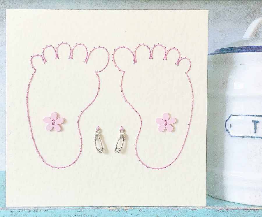New Baby Card. Hand Sewn Card. Twins Card. Baby Girl Card. Baby Shower Card.