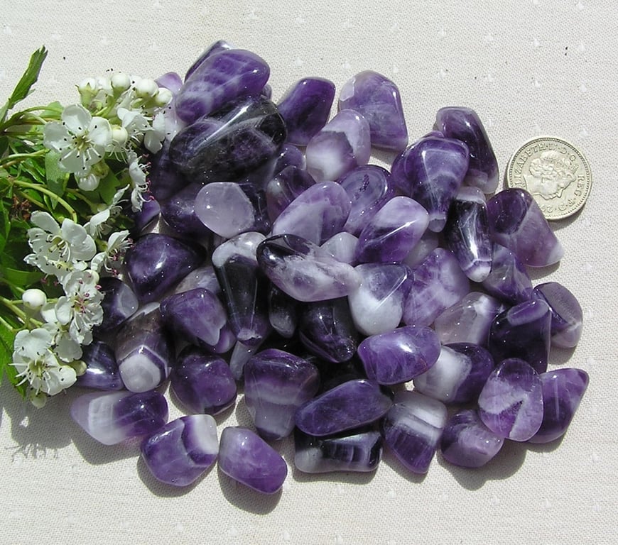 10 Purple Amethyst Crystal Polished Tumblestones, Craft, Mosaic, Grid, Chakra