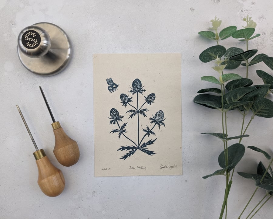 Sea Holly and Tiny Bee Botanical Linocut Print