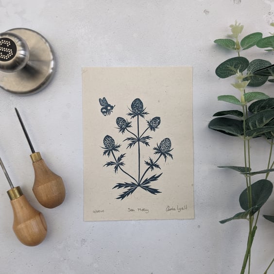 Sea Holly and Tiny Bee Botanical Linocut Print