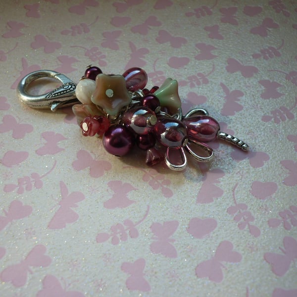 SHADES OF PINKS AND SILVER BEADS  DRAGON FLY BAG CHARM.