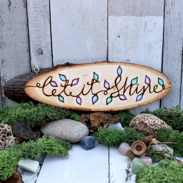 Let it Shine. Fairy lights pyrography wooden decoration plaque