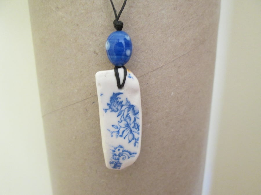 Fab Sea Pottery blue Pendant Necklace on Linen Thong with blue Beads