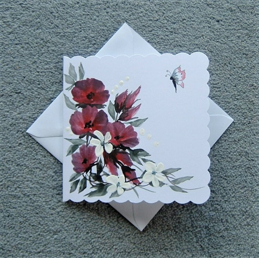 original hand painted floral blank butterfly greetings card ( ref F 210 )