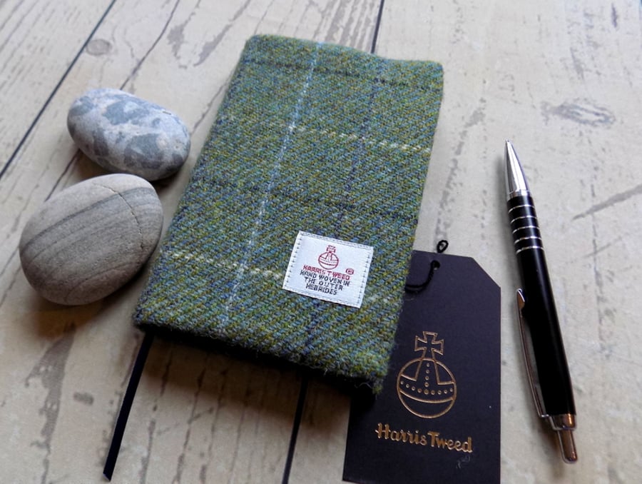 Harris Tweed covered pocket journal in green with grey overcheck