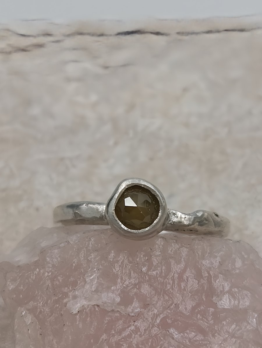 Hand Forged Molten Sterling Silver Ring, 5mm Rose Cut Brown Diamond - Size I