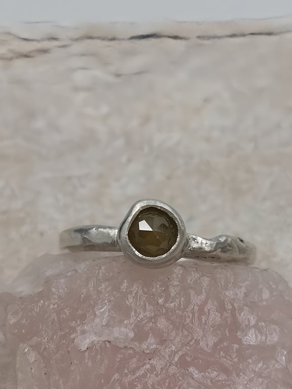 Hand Forged Molten Sterling Silver Ring, 5mm Rose Cut Brown Diamond - Size I