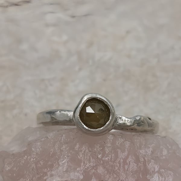 Hand Forged Molten Sterling Silver Ring, 5mm Rose Cut Brown Diamond - Size I