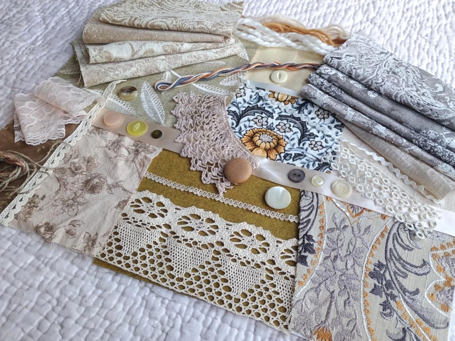 Golden Brown Slow Stitching kit - upcycled and zero waste textiles 