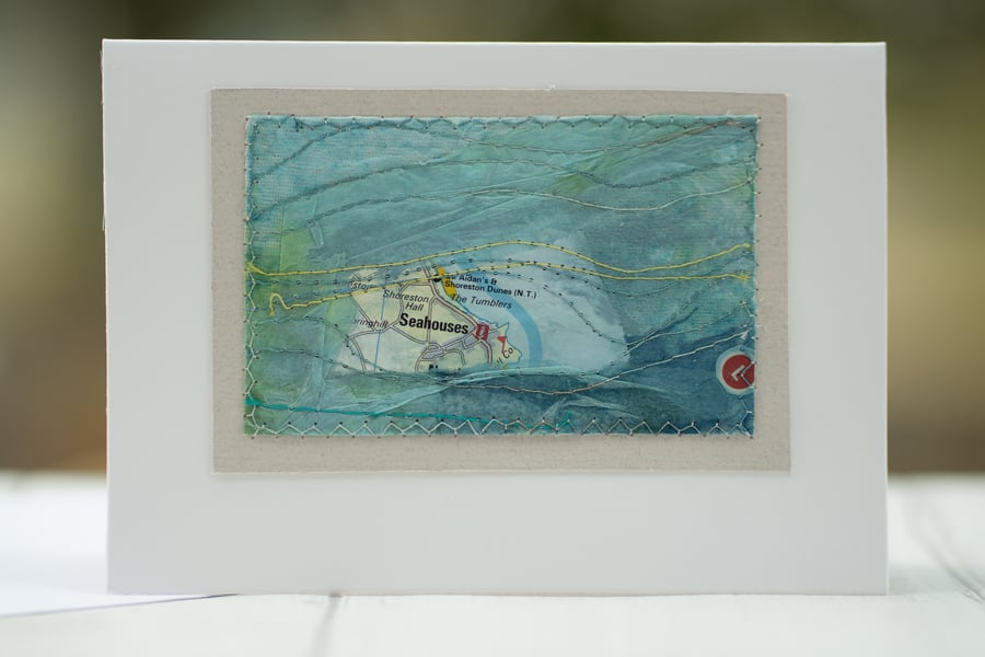 SEAHOUSES Mixed Media Stitched Coastal Greetings Card 