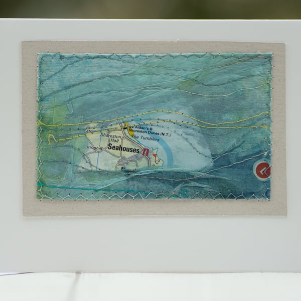 SEAHOUSES Mixed Media Stitched Coastal Greetings Card 