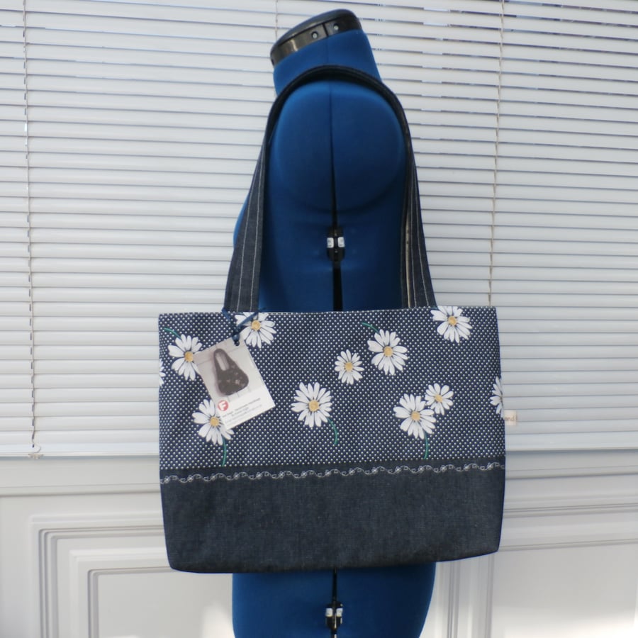 Navy Blue Polka Dot Daisy Tote Bag With Denim Handles And Base