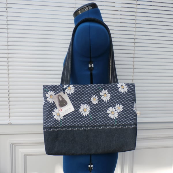 Navy Blue Polka Dot Daisy Tote Bag With Denim Handles And Base
