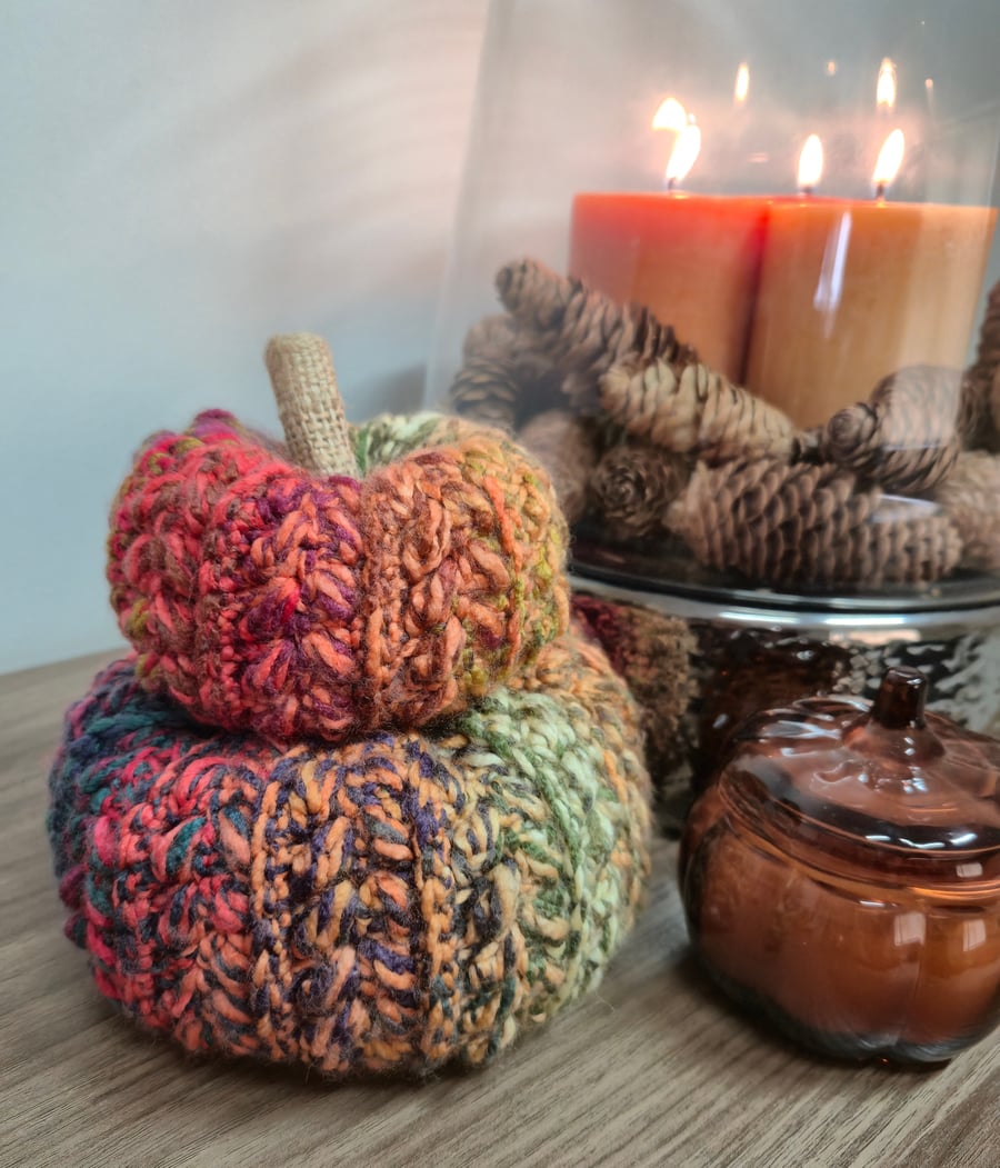 Wheat Stitch Autumn Crochet Stacked Pumpkin in Orange, Pink, Green, Purple