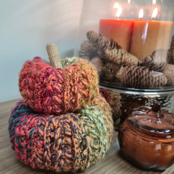 Wheat Stitch Autumn Crochet Stacked Pumpkin in Orange, Pink, Green, Purple