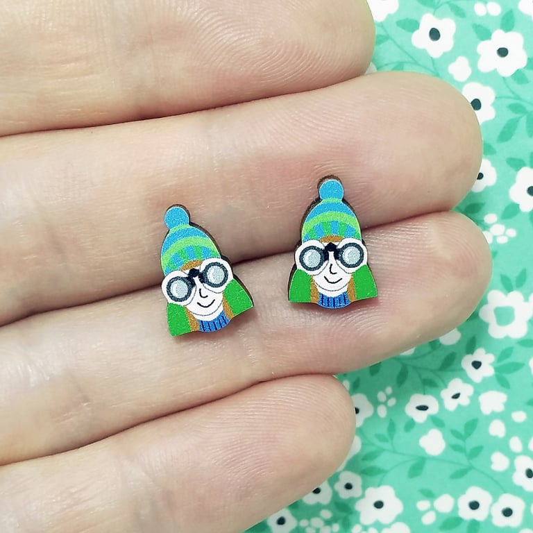 Birdwatcher Earrings, Wooden Studs, Silver Plated or Sterling Silver Backs
