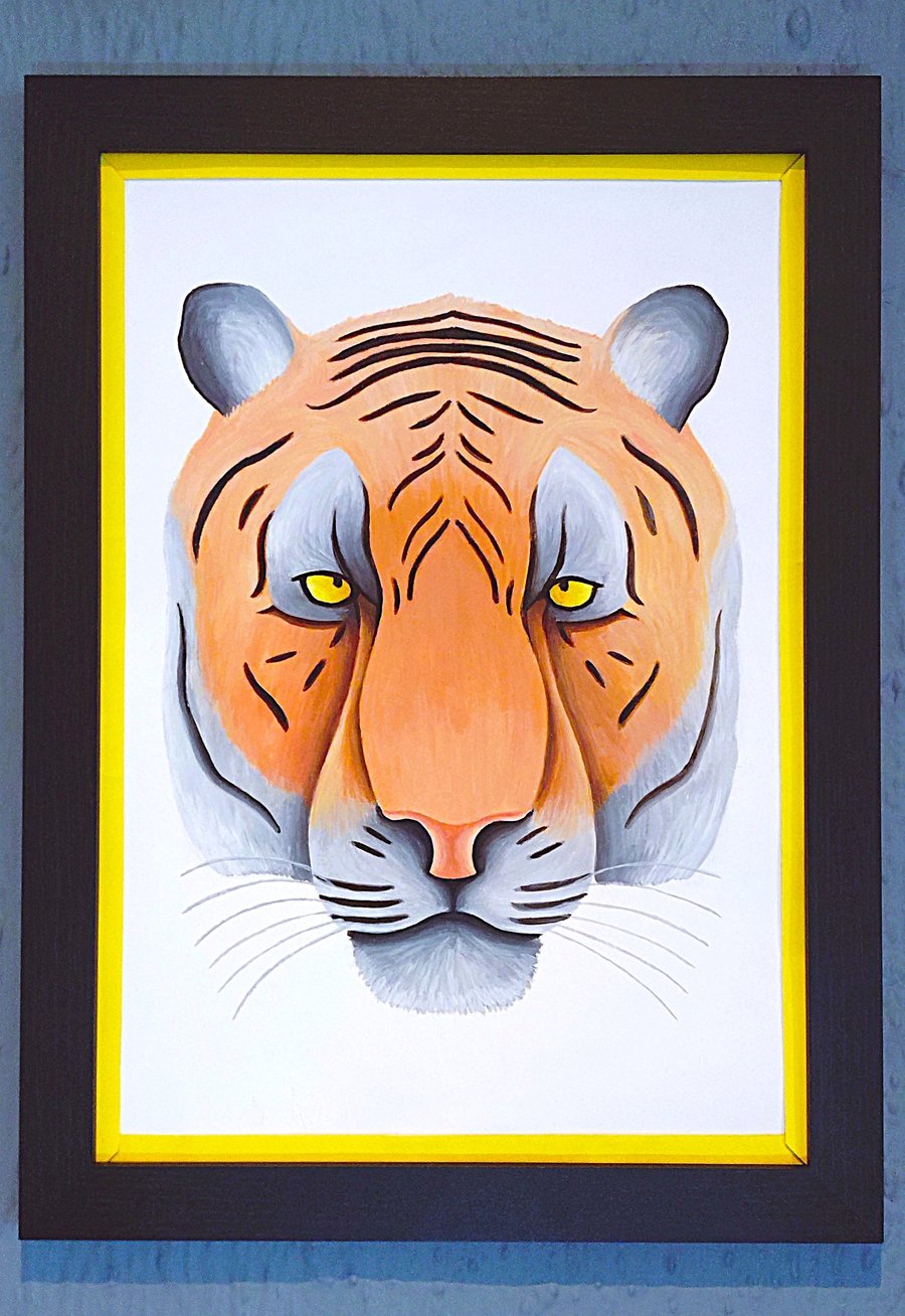 Handmade Unique Framed A3 Print Colourful Tiger Head Yellow Border Wallart Gift