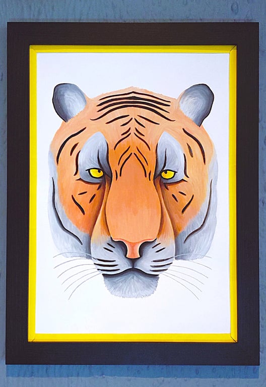 Handmade Unique Framed A3 Print Colourful Tiger Head Yellow Border Wallart Gift